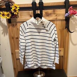 J. Crew White and Black Striped Button-Neck Sweatshirt